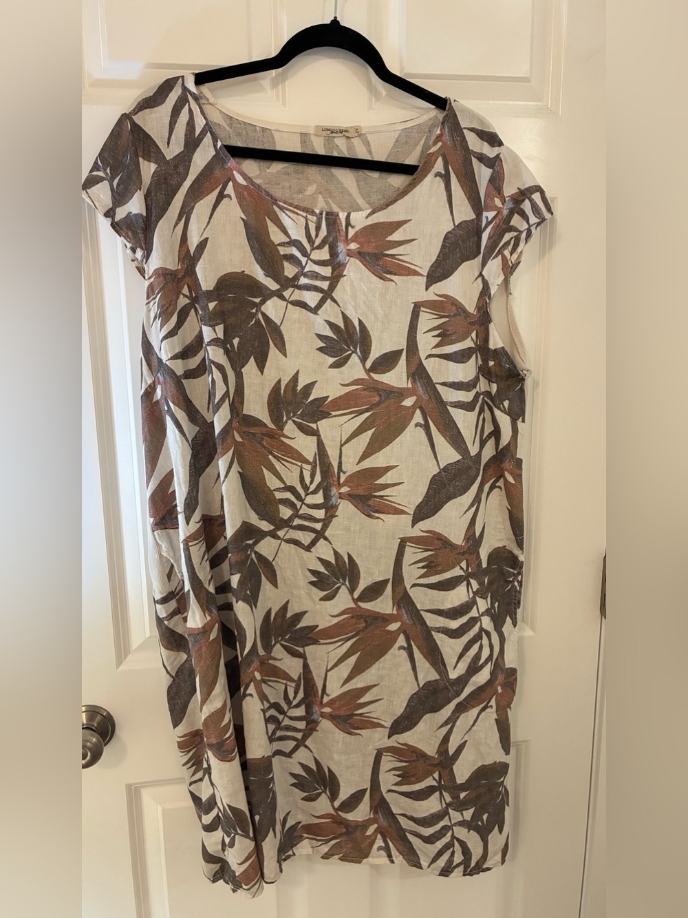LUNGO L’ARNO Italy 🇮🇹 Linen Leaf-Print Scoop Neck MIDI dress Brown/Cream 2XL